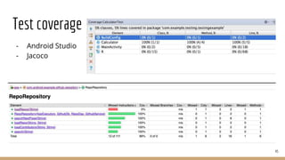 Test coverage
- Android Studio
- Jacoco
45
 