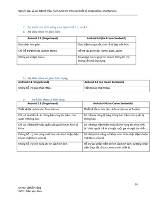 Nghiên cứu và cài đặt hệ điều hành Android trên các thiết bị nhưLaptop, Smartphone.
16
GVHD: Vỗ Đỗ Thắng
SVTH: Trần Văn Nam
2. So sánh các tính năng của Android 2.x và 4.x:
a) Sự khác nhau về giao diện:
b) Sự khác nhau về giao thức mạng:
Android 2.3 (Gingerbread) Android 4.0 (Ice Cream Sandwich)
Không hỗ trợgiao thức https. Hỗ trợgiao thức htpps
c) Sự khác nhau về tính năng:
Android 2.3 (Gingerbread) Android 4.0 (Ice Cream Sandwich)
Thiết kế tối ưu hóa cho Smartphone. Thiết kế tối ưu hóa cho cả Smartphone và Tablets.
Chỉ có xóa tất cả các thông báo cùng lúc trên trình
quản lý thông báo.
Có thể xóa riêng lẻ từng thông báo trên trình quản lý
thông báo.
Chỉ có thể trả lời hoặc ngắt cuộc gọi khi màn hình bị
khóa.
Có thể thực hiện thêm một số tính năng khi màn hình
bị khóa ngoài trả lời và ngắt cuộc gọi nhưgửi tin nhắn …
Không hỗ trợtính năng mởkhóa màn hình nhận diện
khuôn mặt (face unlock).
Có hỗ trợtính năng mởkhóa màn hình nhận diện khuôn
mặt (face unlock).
Không hỗ trợtính năng chỉ nh sửa hình ảnh. Hỗ trợcác phần mềm chỉ nh sửa hình ảnh, tựđộng nhận
diện được tất cả các camera trên thiết bị .
Android 2.3 (Gingerbread) Android 4.0 (Ice Cream Sandwich)
Giao diện đơn giản. Giao diện trong suốt, tinh tế và đẹp mắt hơn.
Chỉ hỗ trợphím ảo là phím Home. Hỗ trợcác phím ảo: Home, Back, Zoom.
Không có widget menu. Có widget menu giúp tìm nhanh thông tin mà
không cần mởứng dụng.
 