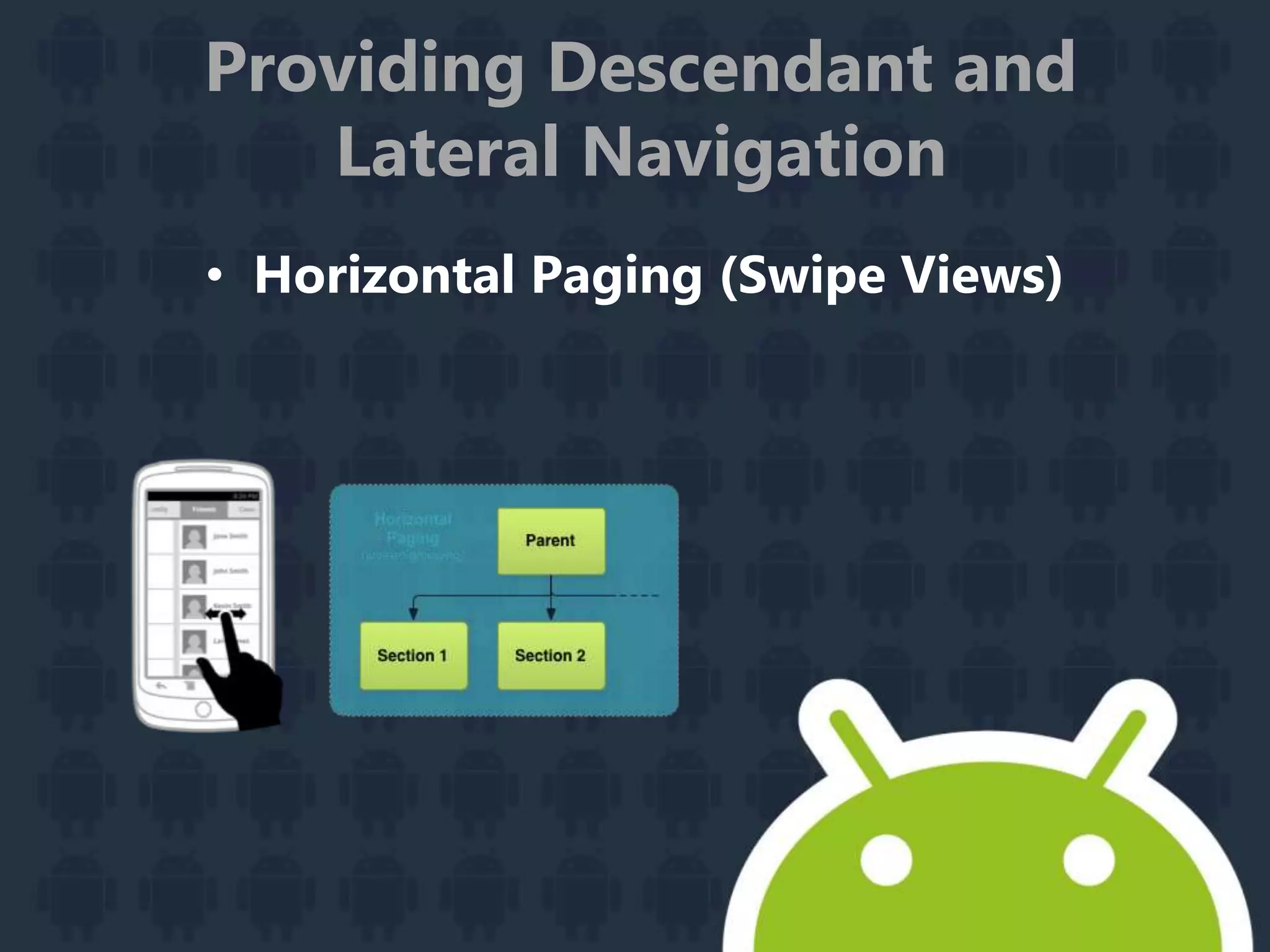 Providing Descendant and
Lateral Navigation
• Horizontal Paging (Swipe Views)
 