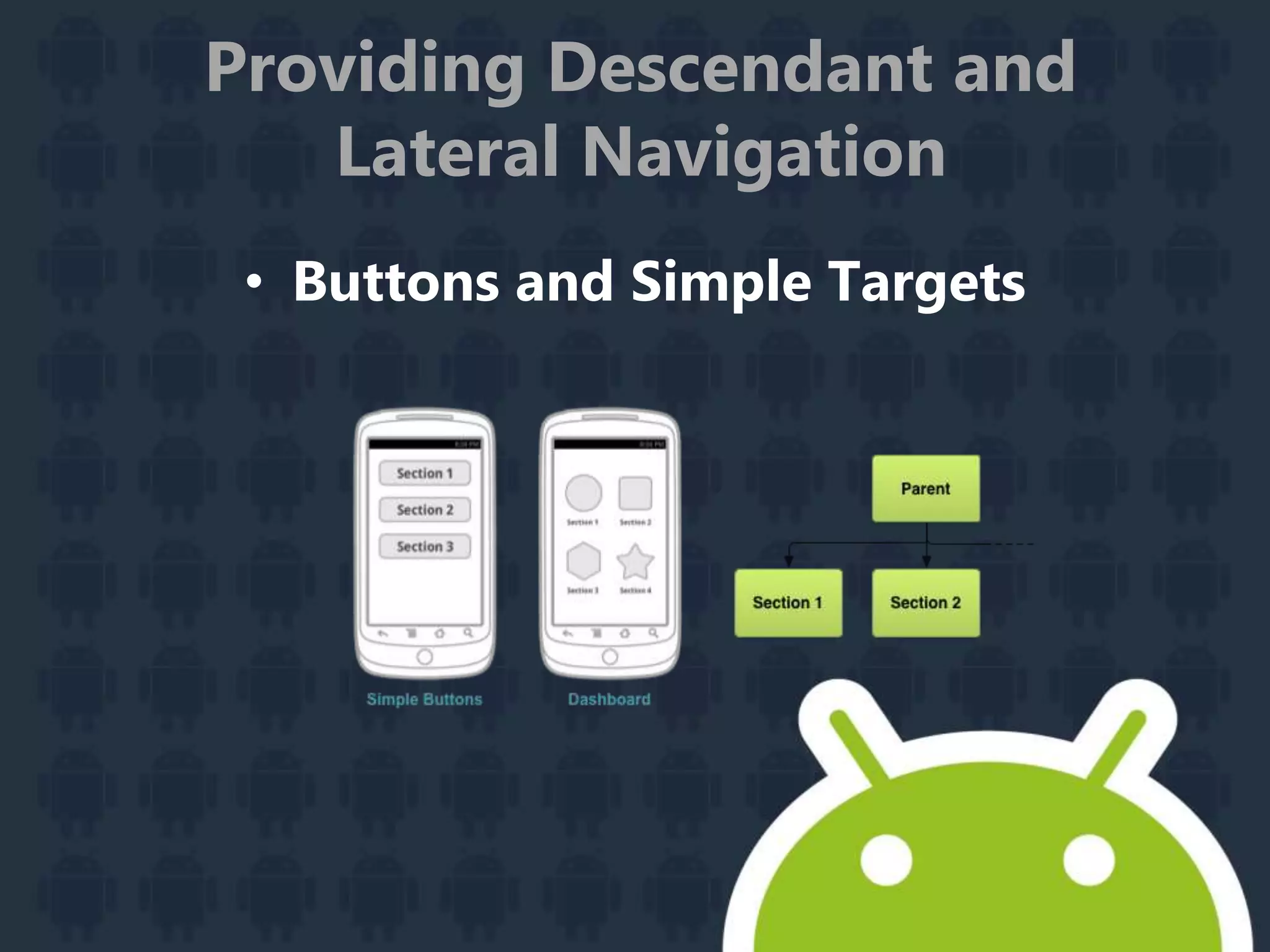 • Buttons and Simple Targets
Providing Descendant and
Lateral Navigation
 