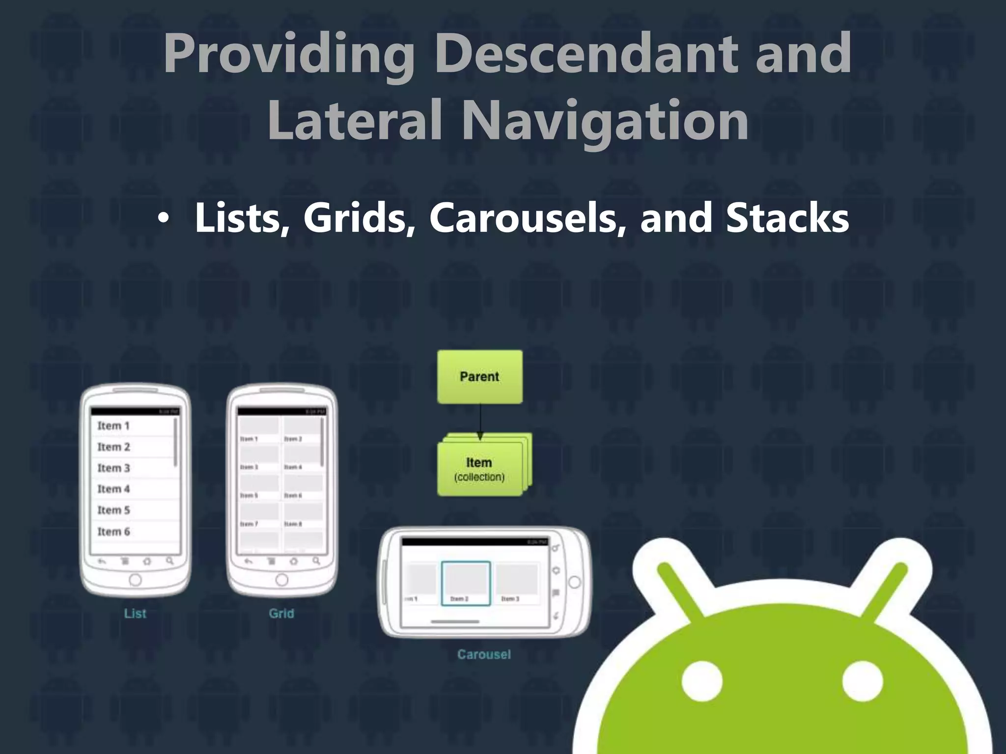 Providing Descendant and
Lateral Navigation
• Lists, Grids, Carousels, and Stacks
 