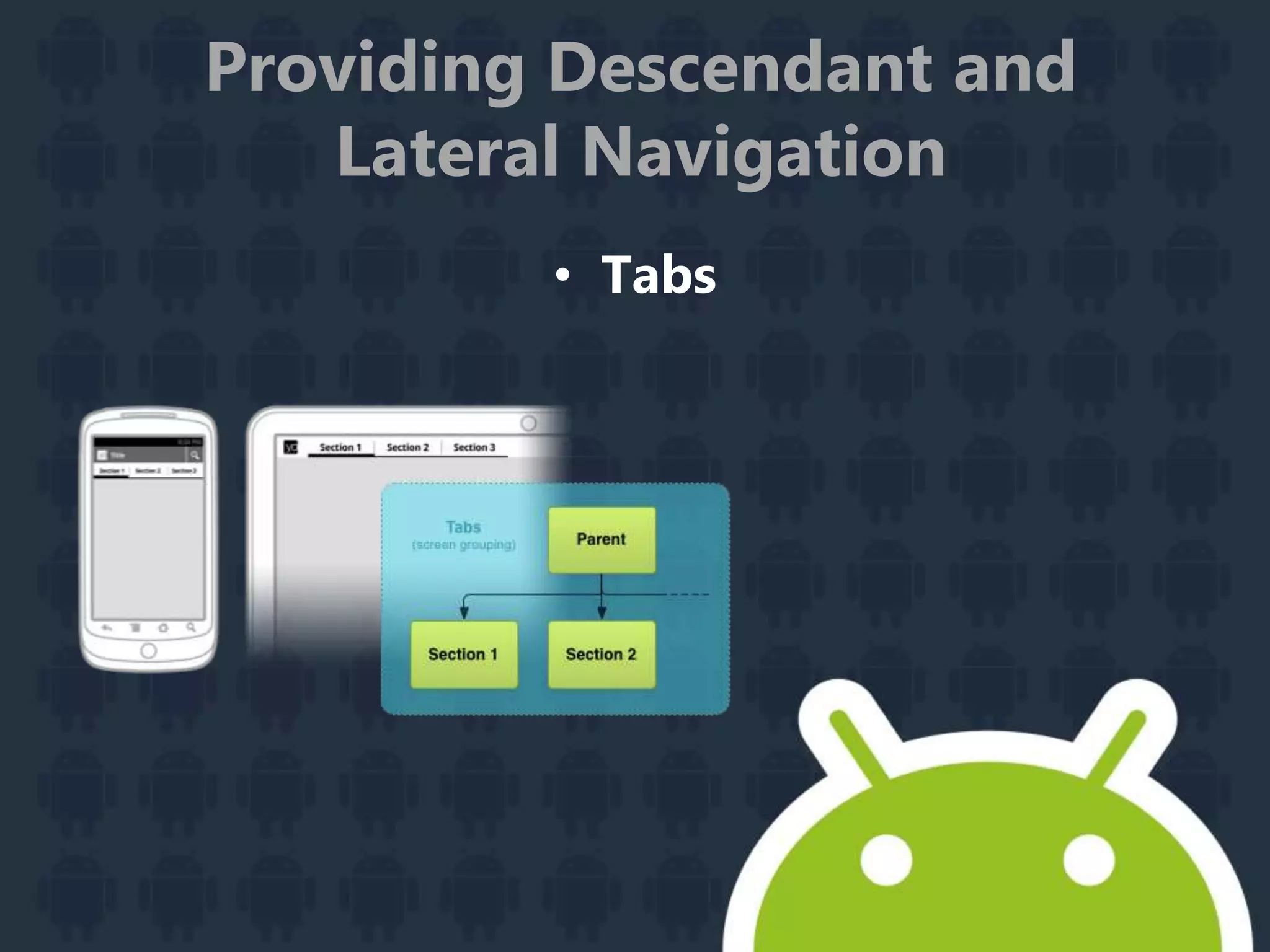 Providing Descendant and
Lateral Navigation
• Tabs
 
