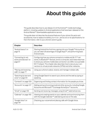 11




                                               About this guide

              This guide describes how to use release 2.3 of the Android™ mobile technology
              platform, including updates to Android applications that have been released on the
              Android Market™ downloadable applications service.
              This guide does not describe the physical features of your phone (its parts and
              accessories, how to replace its battery, turn it on , and so on) or its specifications; for
              that information, refer to your phone’s owner’s guide.


 Chapter                     Describes

 “Android basics” on         Starting Android the first time, signing into your Google™ Accounts so
 page 15                     you can take full advantage of Google Apps™, and performing basic
                             Android tasks.

 “Connecting to net-         Configuring how your phone connects to mobile and Wi-Fi™ net-
 works and devices” on       works, to Bluetooth™ devices, and to a computer, and it describes how
 page 57                     to share your phone’s mobile data connection via USB or as a portable
                             Wi-Fi hotspot. This chapter also describes how to secure your con-
                             nections to virtual private networks (VPNs) and other networks.

 “Placing and receiving      Using your phone to place, receive, and manage multiple calls.
 calls” on page 77

 “Searching by text and      Using Google Search to search your phone and the web by typing or
 voice” on page 93           speaking.

 “Contacts” on page 109      Organizing and finding contact information for the people you know.

 “Accounts” on page 127      Adding and synchronizing email and other accounts, including Google
                             Accounts and Microsoft™ Exchange ActiveSync™ accounts.

 “Gmail” on page 135         Sending and receiving messages using Gmail™ webmail service.

 “Calendar” on page 165      Viewing and creating events on your calendar and synchronizing them
                             with the Google Calendar™ calendaring service on the web.

 “Google Voice” on           Checking your voicemail and placing calls with Google Voice.
 page 181


AUG-2.3-103                                                                           Android User’s Guide
 