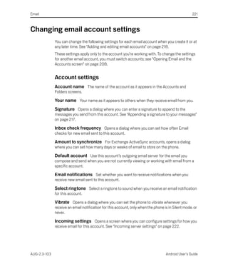 Email                                                                                               221



Changing email account settings
              You can change the following settings for each email account when you create it or at
              any later time. See “Adding and editing email accounts” on page 218.
              These settings apply only to the account you’re working with. To change the settings
              for another email account, you must switch accounts; see “Opening Email and the
              Accounts screen” on page 208.


              Account settings
              Account name The name of the account as it appears in the Accounts and
              Folders screens.

              Your name Your name as it appears to others when they receive email from you.
              Signature Opens a dialog where you can enter a signature to append to the
              messages you send from this account. See “Appending a signature to your messages”
              on page 217.

              Inbox check frequency Opens a dialog where you can set how often Email
              checks for new email sent to this account.

              Amount to synchronize For Exchange ActiveSync accounts, opens a dialog
              where you can set how many days or weeks of email to store on the phone.

              Default account Use this account’s outgoing email server for the email you
              compose and send when you are not currently viewing or working with email from a
              specific account.

              Email notifications Set whether you want to receive notifications when you
              receive new email sent to this account.

              Select ringtone Select a ringtone to sound when you receive an email notification
              for this account.

              Vibrate Opens a dialog where you can set the phone to vibrate whenever you
              receive an email notification for this account, only when the phone is in Silent mode. or
              never.

              Incoming settings Opens a screen where you can configure settings for how you
              receive email for this account. See “Incoming server settings” on page 222.




AUG-2.3-103                                                                        Android User’s Guide
 