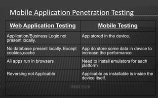 Mobile Application Penetration Testing
 Web Application Testing                      Mobile Testing
Application/Business Logic not        App stored in the device.
present locally.
No database present locally. Except   App do store some data in device to
cookies,cache                         increase the performance.
All apps run in browsers              Need to install emulators for each
                                      platform
Reversing not Applicable              Applicable as installable is inside the
                                      device itself.
                                 Read more
 