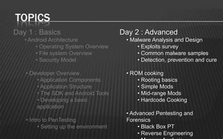 TOPICS
Day 1 : Basics                          Day 2 : Advanced
   • Android Architecture                • Malware Analysis and Design
       • Operating System Overview           • Exploits survey
       • File system Overview                • Common malware samples
       • Security Model                      • Detection, prevention and cure

   • Developer Overview                  • ROM cooking
       • Application Components              • Rooting basics
       • Application Structure               • Simple Mods
       • The SDK and Android Tools           • Mid-range Mods
       • Developing a basic                  • Hardcode Cooking
       application
                                         • Advanced Pentesting and
   • Intro to PenTesting                 Forensics
         • Setting up the environment        • Black Box PT
                                             • Reverse Engineering
 