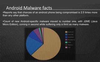 Android Malware facts
•Reports say that chances of an android phone being compromised is 2.5 times more
than any other platform.

•Count of new Android-specific malware moved to number one, with J2ME (Java
Micro Edition), coming in second while suffering only a third as many malware.
 