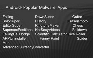 Android- Popular Malware Apps
Falling           DownSuper               Guitar
SoloSuper         History              EraserPhoto
EditorSuper       RingtoneMaker           Chess
SupersexPositions HotSexyVideos           Falldown
FallingBallDodge Scientific Calculator Dice Roller
APPUninstaller       Funny Paint             Spider
Man
AdvancedCurrencyConverter
 