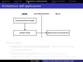 Introduzione Studi teorici Progettazione e implementazione Risultati sperimentali Conclusioni
Architettura dell’applicazione
Ottimizzazioni:
Maschere di rilevamento keypoint. Ridurre punti estranei
al piano-pavimento;
Ripetizione omograﬁa. Nel caso limite in cui non sia
possibile calcolare l’omograﬁa, `e utilizzata l’ultima computata.
Marco Righini Modulo di visual odometry per dispositivi mobili
 