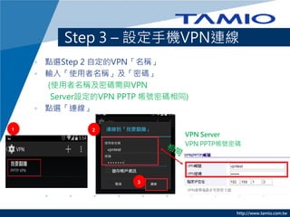 http://www.tamio.com.tw
Step 3 C O֙CVPNB
? cxStep 2 ԶVPNQ
? ݔ롸ʹQܴa
(ʹQܴacVPN
ServerOVPN PPTP ̖ܴaͬ)
? cxB
1 2
3
VPN Server
VPN PPTP̖ܴa
 