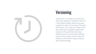 Versioning
Android OS is currently on version 6.0.1,
which was released in October of 2015. It’
s had regular updates about every year,
usually at a major version level. The latest
iOS version, 9.3.2 came out in May of this
year. Both teams regularly update their
product at the patch level and major
releases tend to coincide with hardware
cycles, almost yearly. Look for faster OS
releases as the need to adapt increases
with new technology.
 