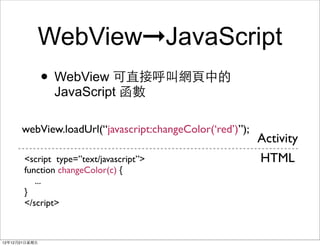 WebView?JavaScript
                ? WebView ֱӺоW?е
                 JavaScript 

       webView.loadUrl(javascript:changeColor(red));
                                                           Activity
        <script type=text/javascript>                    HTML
        function changeColor(c) {
           ...
        }
        </script>



121221?
 