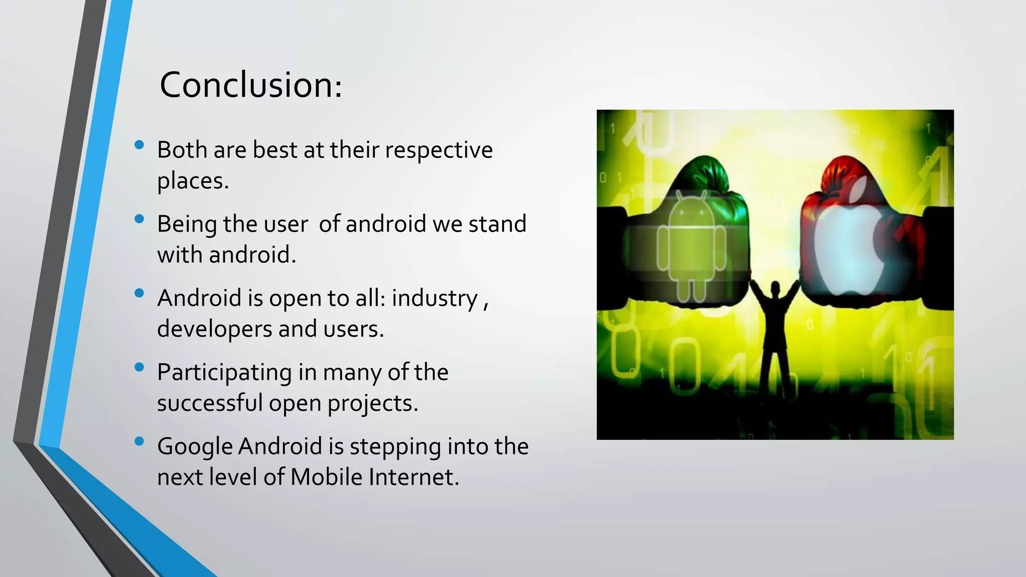 Conclusion:
• Both are best at their respective
places.
• Being the user of android we stand
with android.
• Android is open to all: industry ,
developers and users.
• Participating in many of the
successful open projects.
• Google Android is stepping into the
next level of Mobile Internet.
 