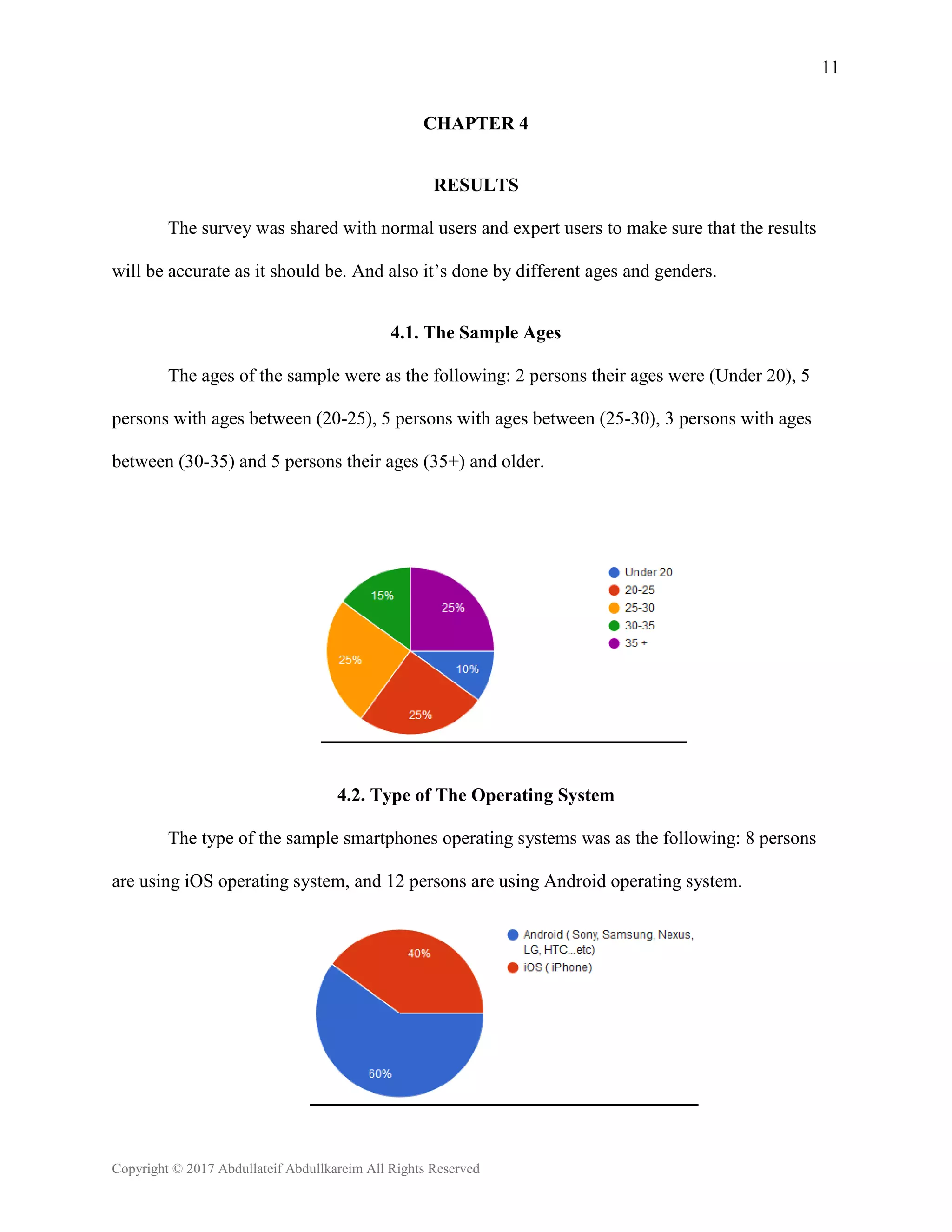 11
Copyright © 2017 Abdullateif Abdullkareim All Rights Reserved
CHAPTER 4
RESULTS
The survey was shared with normal users and expert users to make sure that the results
will be accurate as it should be. And also it’s done by different ages and genders.
4.1. The Sample Ages
The ages of the sample were as the following: 2 persons their ages were (Under 20), 5
persons with ages between (20-25), 5 persons with ages between (25-30), 3 persons with ages
between (30-35) and 5 persons their ages (35+) and older.
4.2. Type of The Operating System
The type of the sample smartphones operating systems was as the following: 8 persons
are using iOS operating system, and 12 persons are using Android operating system.
 