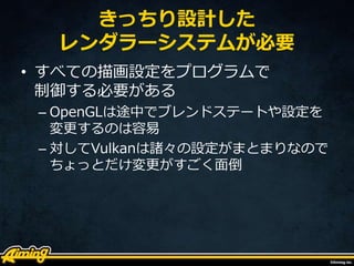 きっちり設計した
レンダラーシステムが必要
• すべての描画設定をプログラムで
制御する必要がある
– OpenGLは途中でブレンドステートや設定を
変更するのは容易
– 対してVulkanは諸々の設定がまとまりなので
ちょっとだけ変更がすごく面倒
 