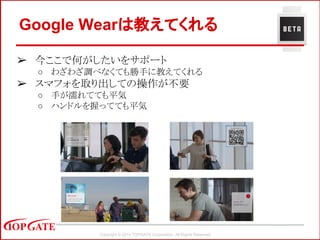 Copyright © 2014 TOPGATE Corporation. All Rights Reserved.
Google Wearは教えてくれる
➢ 今ここで何がしたいをサポート
○ わざわざ調べなくても勝手に教えてくれる
➢ スマフォを取り出しての操作が不要
○ 手が濡れてても平気
○ ハンドルを握ってても平気
 