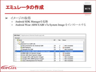 Copyright © 2014 TOPGATE Corporation. All Rights Reserved.
エミュレータの作成
➢ イメージの取得
○ Android SDK Managerを起動
○ Android Wear ARM EABI v7a System Image をインストールする
 