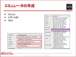 Copyright © 2014 TOPGATE Corporation. All Rights Reserved.
エミュレータの作成
➢ Device
➢ CPU/ABI
➢ Skin
 