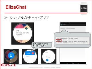 Copyright © 2014 TOPGATE Corporation. All Rights Reserved.
➢ シンプルなチャットアプリ
ElizaChat
音声入力の代わりに
キーボード入力
 