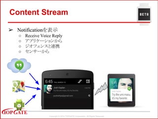Copyright © 2014 TOPGATE Corporation. All Rights Reserved.
Content Stream
➢ Notificationを表示
○ Receive Voice Reply
○ アプリケーションから
○ ジオフェンスと連携
○ センサーから
 