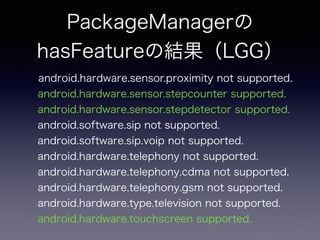 PackageManagerの
hasFeatureの結果（LGG）
android.hardware.sensor.proximity not supported.
android.hardware.sensor.stepcounter supported.
android.hardware.sensor.stepdetector supported.
android.software.sip not supported.
android.software.sip.voip not supported.
android.hardware.telephony not supported.
android.hardware.telephony.cdma not supported.
android.hardware.telephony.gsm not supported.
android.hardware.type.television not supported.
android.hardware.touchscreen supported.
 