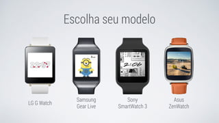 Escolha seu modelo
Asus
ZenWatch
LG G Watch
Samsung
Gear Live
Sony
SmartWatch 3
 