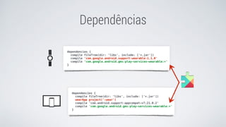 Dependências
dependencies {
compile fileTree(dir: 'libs', include: ['*.jar'])
wearApp project(':wear')
compile 'com.android.support:appcompat-v7:21.0.2'
compile 'com.google.android.gms:play-services-wearable:+'
}
dependencies {
compile fileTree(dir: 'libs', include: ['*.jar'])
compile 'com.google.android.support:wearable:1.1.0'
compile 'com.google.android.gms:play-services-wearable:+'
}
 