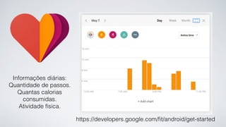 Informações diárias:
Quantidade de passos.
Quantas calorias
consumidas.
Atividade física.
https://developers.google.com/ﬁt/android/get-started
 