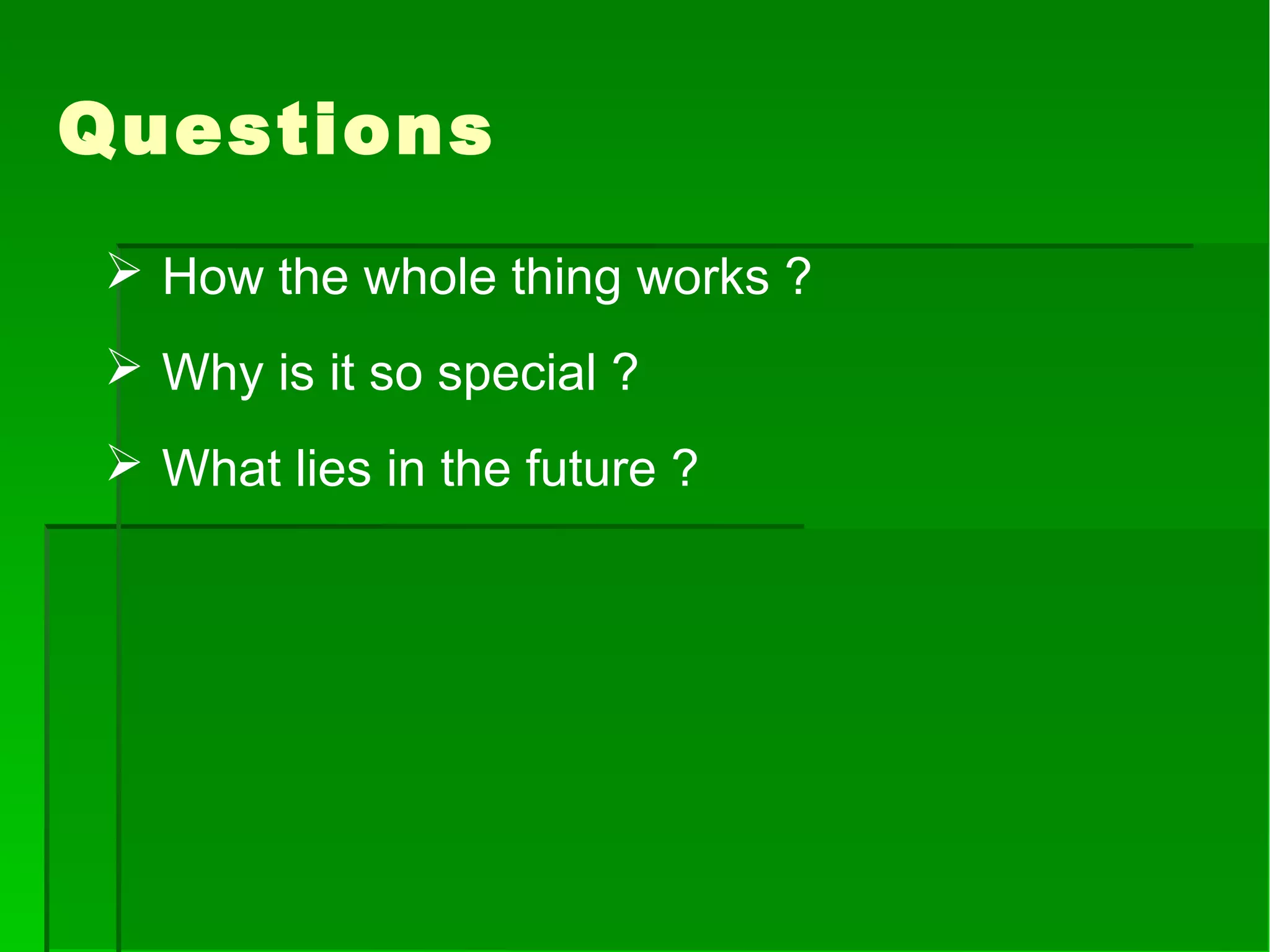 Questions
 How the whole thing works ?
 Why is it so special ?
 What lies in the future ?
 