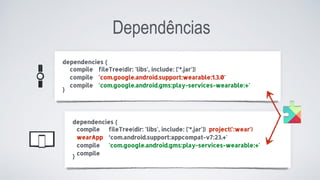 Dependências
dependencies {
compile
wearApp
compile
compile
fileTree(dir: 'libs', include: ['*.jar']) project(':wear')
‘com.android.support:appcompat-v7:23.+'
'com.google.android.gms:play-services-wearable:+'
}
dependencies {
compile
compile
compile
fileTree(dir: 'libs', include: ['*.jar'])
'com.google.android.support:wearable:1.3.0'
'com.google.android.gms:play-services-wearable:+'
}
 