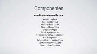 Componentes
android.support.wearable.view
WatchViewStub
BoxInsetLayout
WearableListView
CircledImageView
GridViewPager
GridPagerAdapter
FragmentGridPagerAdapter
CardFragment
DelayedConfirmationView
ConfirmationActivity
DismissOverlayView
 