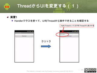 ThreadからUIを変更する（１）
実習1
Handlerクラスを使って、UIをThreadから操作できることを確認する
HelloThreadという文字をThreadから表示する

クリック

This material is licensed under the Creative Commons License BY-NC-SA 4.0.

ⅰ - 101

 