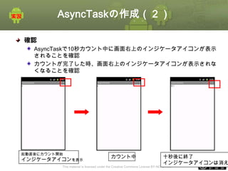 AsyncTaskの作成（２）
確認
AsyncTaskで10秒カウント中に画面右上のインジケータアイコンが表示
されることを確認
カウントが完了した時、画面右上のインジケータアイコンが表示されな
くなることを確認

起動直後にカウント開始

インジケータアイコンを表示

カウント中

十秒後に終了
インジケータアイコンは消え
ⅰ - 126

This material is licensed under the Creative Commons License BY-NC-SA 4.0.

 