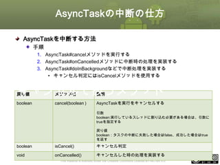 AsyncTaskの中断の仕方
AsyncTaskを中断する方法
手順
1. AsyncTask#cancelメソッドを実行する
2. AsyncTask#onCancelledメソッドに中断時の処理を実装する
3. AsyncTask#doInBackgroundなどで中断処理を実装する
• キャンセル判定にはisCancelメソッドを使用する

キャンセルで扱うメソッド

戻り値

メソッド名

説明

boolean

cancel(boolean )

AsyncTaskを実行をキャンセルする
引数
boolean:実行しているスレッドに割り込む必要がある場合は、引数に
trueを指定する

戻り値
boolean：タスクの中断に失敗した場合はfalse、成功した場合はtrue
を返す

boolean

isCancel()

キャンセル判定

void

onCancelled()

キャンセルした時の処理を実装する

This material is licensed under the Creative Commons License BY-NC-SA 4.0.

ⅰ - 129

 
