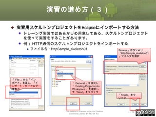 演習の進め方（３）
実習用スケルトンプロジェクトをEclipseにインポートする方法
トレーング実習ではあらかじめ用意してある、スケルトンプロジェクト
を使って実習をすることがあります。
例） HTTP通信のスケルトンプロジェクトをインポートする
ファイル名：HttpSample_skeleton01

「 File 」から「イン
ポート」を選し、「イ
ンポート」ダイアログ
を表示

「 General 」を選択し
「 Existing Projects into
Workspace 」を選択し
て「Next」をクリック

This material is licensed under the Creative
Commons License BY-NC-SA 4.0.

Browse」ボタンより
「HttpSample_skeleton01
」フォルダを選択

「Finish」をク
リック

ⅰ - 14

 