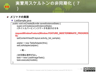 実習用スケルトンの非同期化（７
）
メソッドの実装
ListSample.java
public void onCreate(Bundle savedInstanceState) {
super.onCreate(savedInstanceState);
//タイトルバーにインジケータを表示させる
requestWindowFeature(Window.FEATURE_INDETERMINATE_PROGRES
S);
setContentView(R.layout.activity_list_sample);
adpter = new TableAdapter(this);
setListAdapter(adpter);
～略～
//非同期処理呼び出し
task = new LoadImageTask();
task.execute(models);
}

This material is licensed under the Creative Commons License BY-NC-SA 4.0.

ⅰ - 145

 