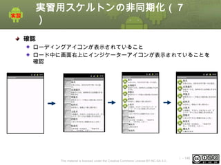 実習用スケルトンの非同期化（７
）
確認
ローディングアイコンが表示されていること
ロード中に画面右上にインジケーターアイコンが表示されていることを
確認

This material is licensed under the Creative Commons License BY-NC-SA 4.0.

ⅰ - 146

 