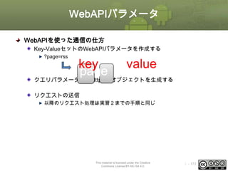WebAPIパラメータ
WebAPIを使った通信の仕方
Key-ValueセットのWebAPIパラメータを作成する
?page=rss

key
value
page = rss

クエリパラメータからHttpGetオブジェクトを生成する
リクエストの送信
以降のリクエスト処理は実習２までの手順と同じ

This material is licensed under the Creative
Commons License BY-NC-SA 4.0.

ⅰ - 173

 