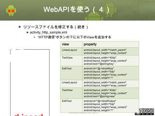 WebAPIを使う（４）
リソースファイルを修正する（続き）
activity_http_sample.xml
• “HTTP通信”ボタンの下に以下のViewを追加する

階層
<LinearL
構造
ayout>
<Button
/>

view

property

LinearLayout

android:layout_width="match_parent"
android:layout_height="wrap_content”

TextView

android:layout_width=”40dp"
android:layout_height="wrap_content"
android:text="@string/key”

EditText

android:id="@+id/editKey"
android:layout_width="0dp"
android:layout_height="wrap_content"
android:layout_weight=”1”

LinearLayout

android:layout_width="match_parent"
android:layout_height="wrap_content”

TextView

android:layout_width=”40dp"
android:layout_height="wrap_content"
android:text="@string/view”

EditText

android:id="@+id/editValue"
android:layout_width="0dp"
android:layout_height="wrap_content"
This material is licensed under the Creative
android:layout_weight="1”
ⅰ - 180
Commons License BY-NC-SA 4.0.

 