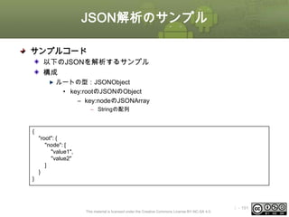 JSON解析のサンプル
サンプルコード
以下のJSONを解析するサンプル
構成
ルートの型：JSONObject
• key:rootのJSONのObject
– key:nodeのJSONArray
– Stringの配列

{
"root": {
"node": [
"value1",
"value2"
]
}
}

This material is licensed under the Creative Commons License BY-NC-SA 4.0.

ⅰ - 191

 