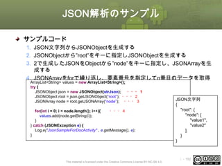 JSON解析のサンプル
サンプルコード
1. JSON文字列からJSONObjectを生成する
2. JSONObjectから”root”をキーに指定しJSONObjectを生成する
3. 2で生成したJSONをObjectから”node”をキーに指定し、JSONArrayを生
成する
4. JSONArrayをforで繰り返し、要素番号を指定してn番目のデータを取得
ArrayList<String> values = new ArrayList<String>();
する
try {
JSONObject json = new JSONObject(strJson); ・・・ 1
JSONObject root = json.getJSONObject(“root”); ・・・ 2
JSONArray node = root.getJSONArray(“node”); ・・・ 3

for(int i = 0; i < node.length(); i++){
・・・ 4
values.add(node.getString(i));
}
} catch (JSONException e) {
Log.e("JsonSampleForDocActivity" , e.getMessage(), e);
}

This material is licensed under the Creative Commons License BY-NC-SA 4.0.

JSON文字列
{
"root": {
"node": [
"value1",
"value2"
]
}
}

ⅰ - 192

 
