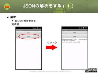 JSONの解析をする（１）
実習
JSONの解析を行う
完成図

クリック

This material is licensed under the Creative Commons License BY-NC-SA 4.0.

ⅰ - 193

 