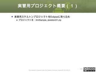 実習用プロジェクト概要（１）
実習用スケルトンプロジェクトをEclipseに取り込む
プロジェクト名：XmlSample_skeleton01.zip

This material is licensed under the Creative Commons License BY-NC-SA 4.0.

ⅰ - 205

 