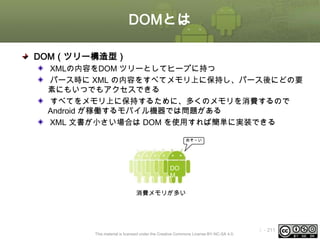 DOMとは
DOM（ツリー構造型）
XMLの内容をDOM ツリーとしてヒープに持つ
パース時に XML の内容をすべてメモリ上に保持し、パース後にどの要
素にもいつでもアクセスできる
すべてをメモリ上に保持するために、多くのメモリを消費するので
Android が稼働するモバイル機器では問題がある
XML 文書が小さい場合は DOM を使用すれば簡単に実装できる
おそ～い

DO
M
消費メモリが多い

This material is licensed under the Creative Commons License BY-NC-SA 4.0.

ⅰ - 211

 