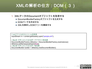 XMLの解析の仕方：DOM（３）
1. XMLデータのDocumentオブジェクトを取得する
DocumentBuilderFactoryオブジェクトを生成する
DOMパーサを作成する
XMLを解析しDOMツリーを構築する

// xmlファイルのストリームを取得
InputStream in = context.getAssets().open("sample.xml");
// No.01 ドキュメントビルダーファクトリを生成
DocumentBuilderFactory dbfactory = DocumentBuilderFactory.newInstance();
dbfactory.setNamespaceAware(true);
// No.02 ドキュメントビルダーを生成
DocumentBuilder builder = dbfactory.newDocumentBuilder();

This material is licensed under the Creative Commons License BY-NC-SA 4.0.

ⅰ - 215

 