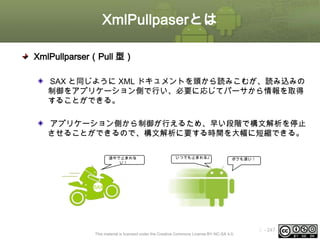 XmlPullpaserとは
XmlPullparser（Pull 型）
SAX と同じように XML ドキュメントを頭から読みこむが、読み込みの
制御をアプリケーション側で行い、必要に応じてパーサから情報を取得
することができる。
アプリケーション側から制御が行えるため、早い段階で構文解析を停止
させることができるので、構文解析に要する時間を大幅に短縮できる。
途中で止まれな
い！

いつでも止まれる♪

ボクも速い！

SAX

This material is licensed under the Creative Commons License BY-NC-SA 4.0.

ⅰ - 247

 