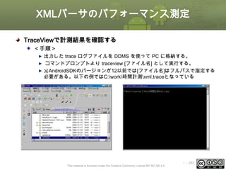 XMLパーサのパフォーマンス測定
TraceViewで計測結果を確認する
＜手順＞
出力した trace ログファイルを DDMS を使って PC に格納する。
コマンドプロンプトより traceview [ファイル名] として実行する。
※AndroidSDKのバージョンが12以前では[ファイル名]はフルパスで指定する
必要がある。以下の例ではC:work時間計測xml.traceとなっている

This material is licensed under the Creative Commons License BY-NC-SA 4.0.

ⅰ - 262

 
