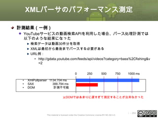 XMLパーサのパフォーマンス測定
計測結果（一例）
YouTubeサービスの動画検索APIを利用した場合、パース処理計測では
以下のような結果になった
検索データは動画30件分を取得
XMLは最初から最後までパースする必要がある
URL例：
• http://gdata.youtube.com/feeds/api/videos?category=bass%2Cfishing&v
=2
0
•
•
•

250

500

750

1000 ms

XmlPullparser 1134.704 ms
SAX
388.794 ms
DOM
計測不可能
※DOMではあまりに遅すぎて測定することが出来なかった

This material is licensed under the Creative Commons License BY-NC-SA 4.0.

ⅰ - 264

 