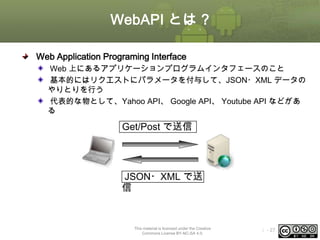 WebAPI とは ?
Web Application Programing Interface
Web 上にあるアプリケーションプログラムインタフェースのこと
基本的にはリクエストにパラメータを付与して、JSON・XML データの
やりとりを行う
代表的な物として、Yahoo API、 Google API、 Youtube API などがあ
る

Get/Post で送信

JSON・XML で送
信

This material is licensed under the Creative
Commons License BY-NC-SA 4.0.

ⅰ - 27

 