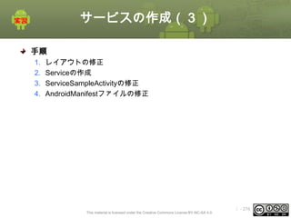 サービスの作成（３）
手順
1.
2.
3.
4.

レイアウトの修正
Serviceの作成
ServiceSampleActivityの修正
AndroidManifestファイルの修正

This material is licensed under the Creative Commons License BY-NC-SA 4.0.

ⅰ - 276

 
